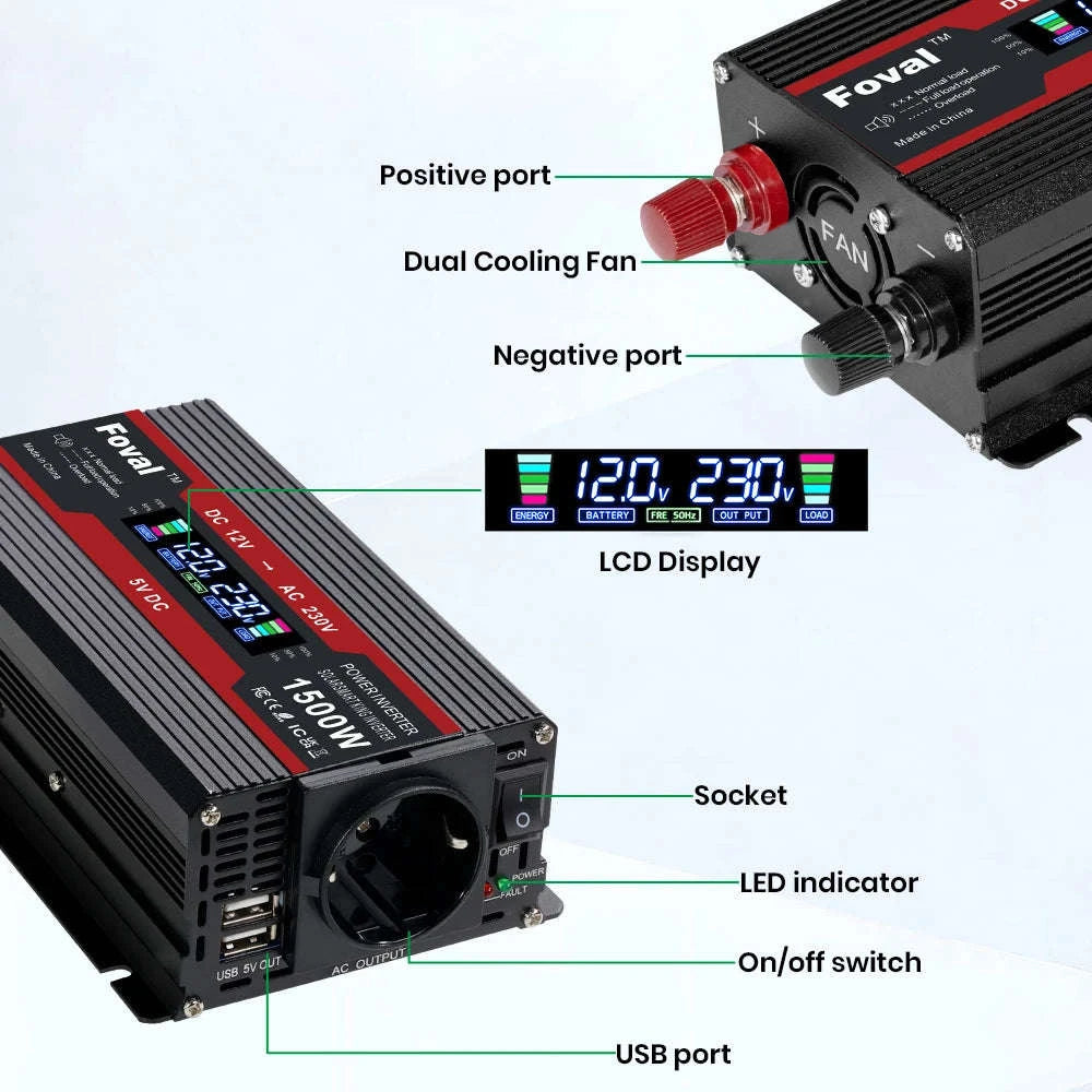 12V to 220V Power Inverter with LCD Display and Dual USB-3000W Red / Poland