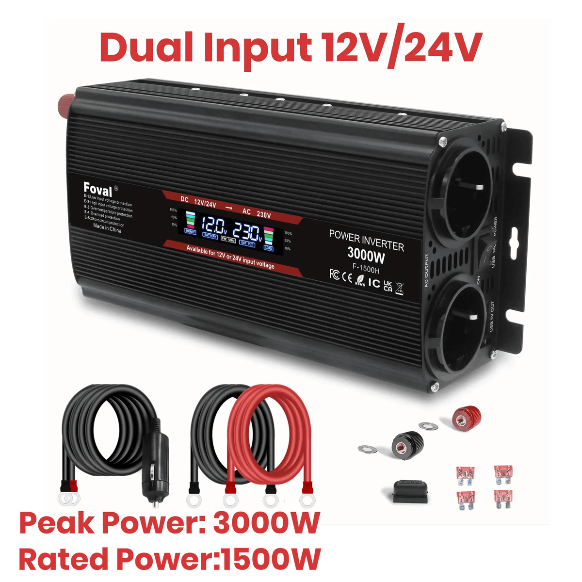 12V to 220V Power Inverter with LCD Display and Dual USB-3000W Red / Poland
