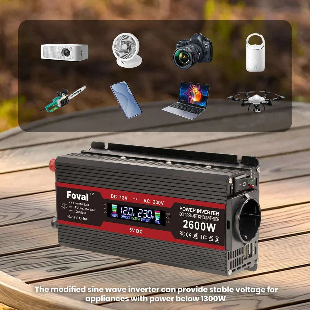 12V to 220V Power Inverter with LCD Display and Dual USB-3000W Red / Poland