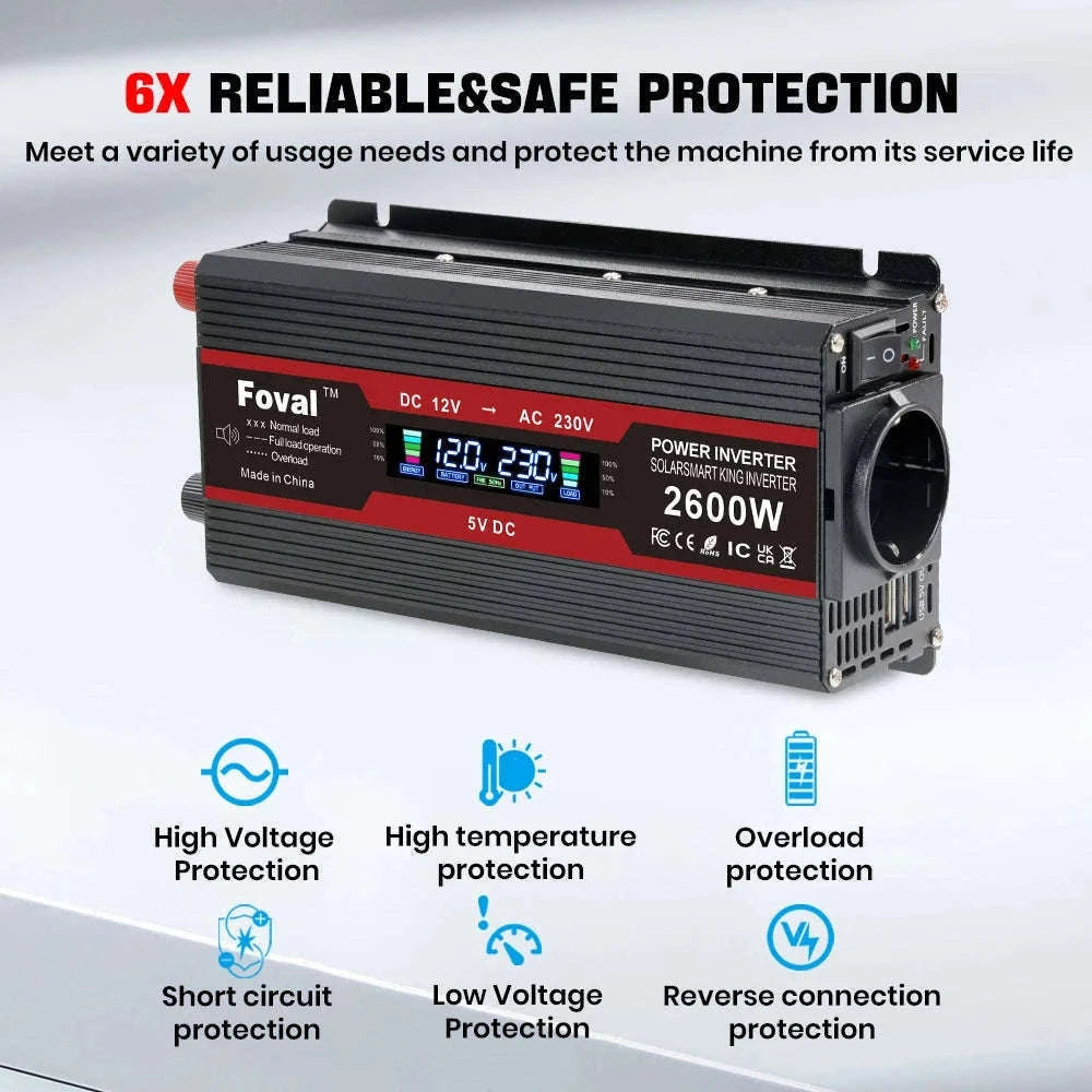 12V to 220V Power Inverter with LCD Display and Dual USB-3000W Red / Poland