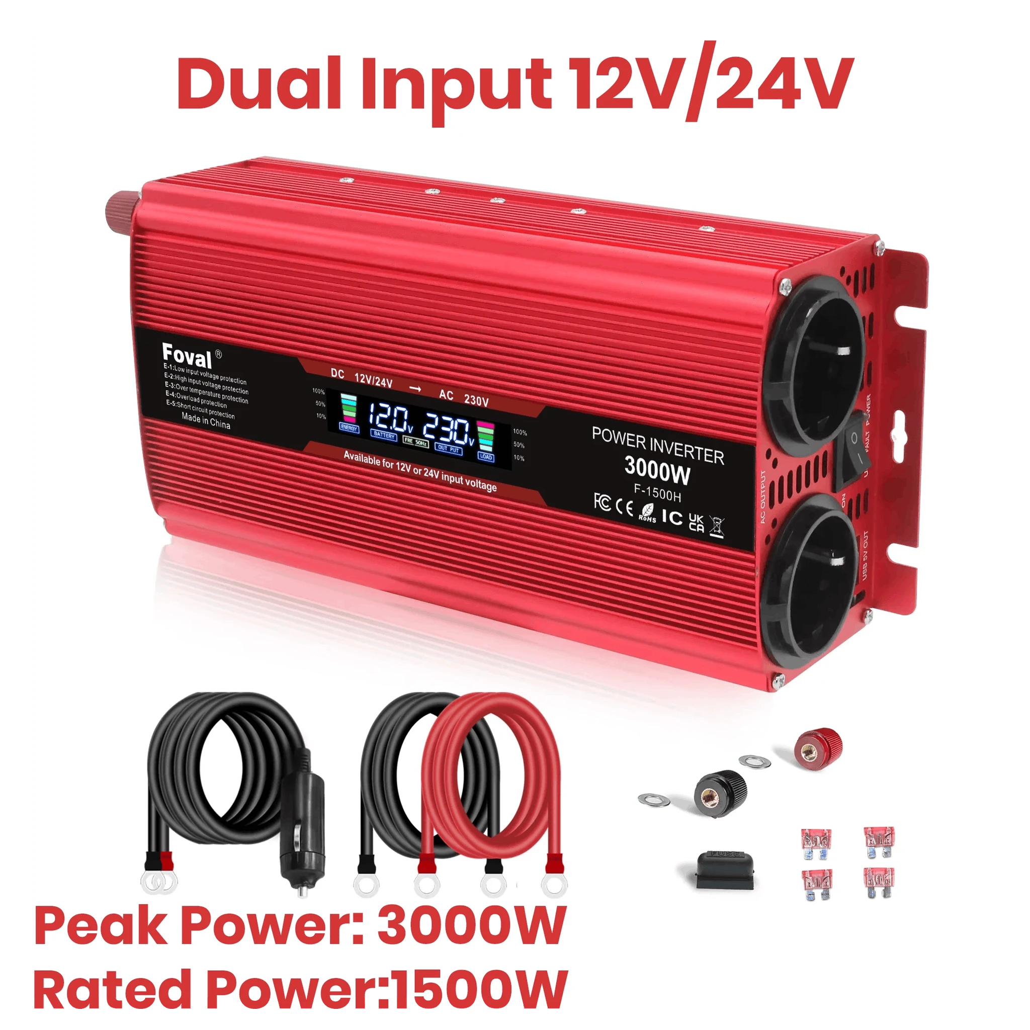 12V to 220V Power Inverter with LCD Display and Dual USB-3000W Red / Poland