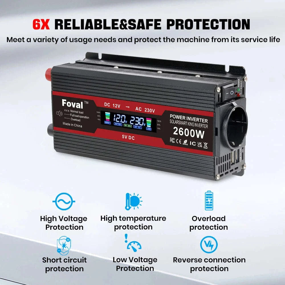 12V to 220V Power Inverter with LCD Display and Dual USB-3000W Red / Poland