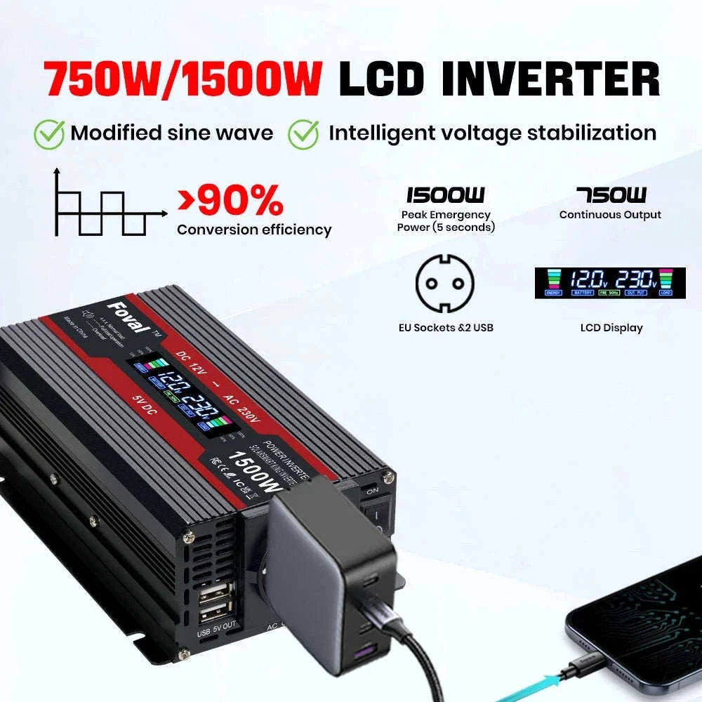 12V to 220V Power Inverter with LCD Display and Dual USB-3000W Red / Poland