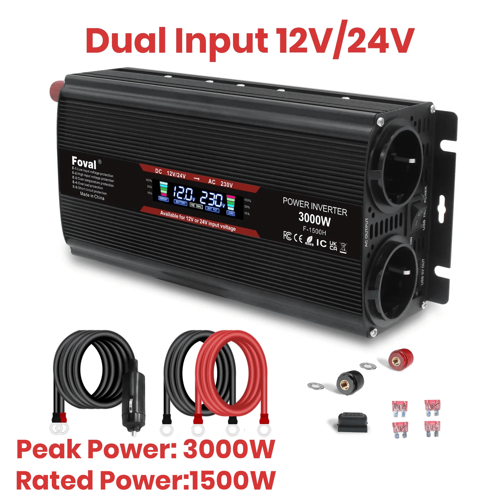 12V to 220V Power Inverter with LCD Display and Dual USB-3000W Red / Poland