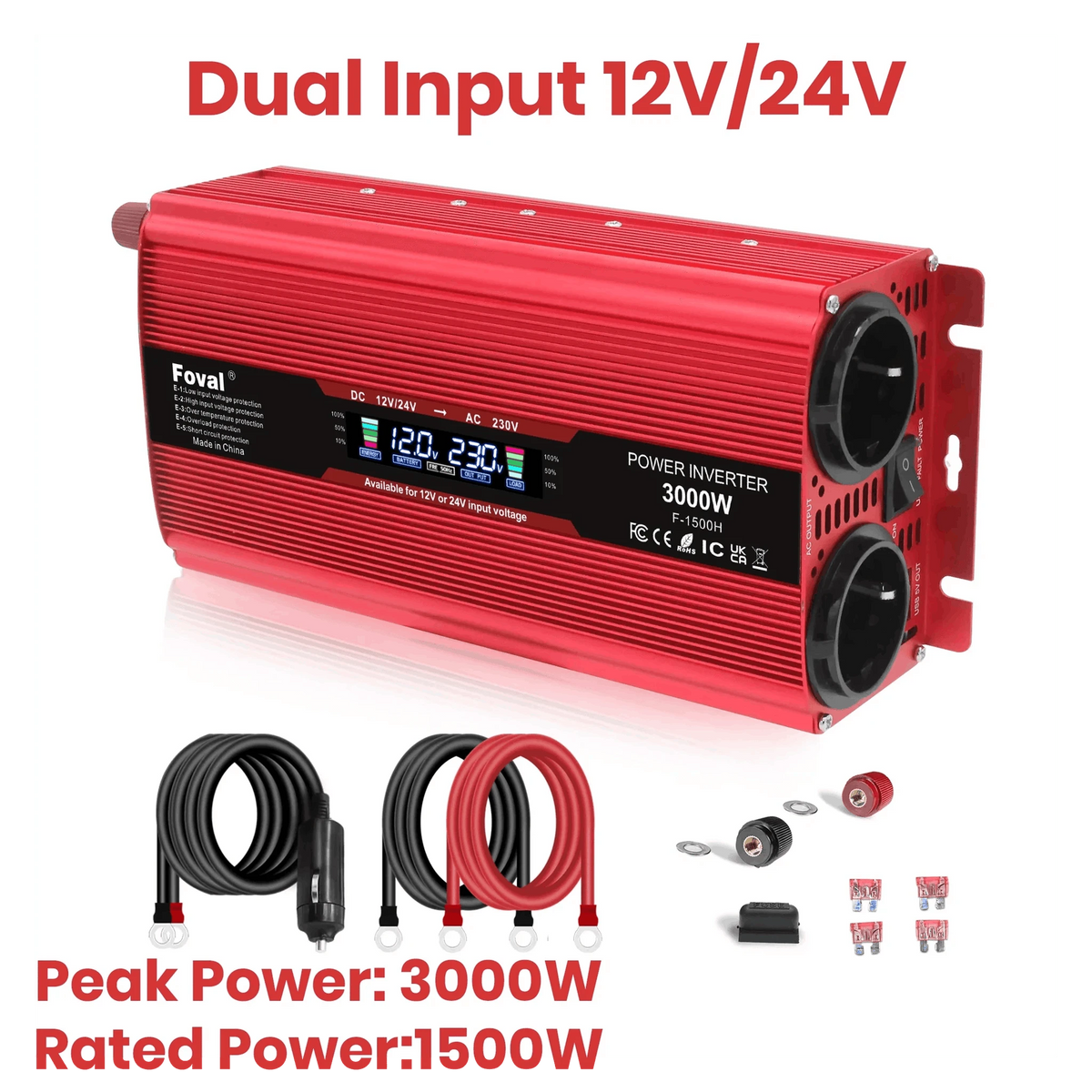12V to 220V Power Inverter with LCD Display and Dual USB-3000W Red / Poland