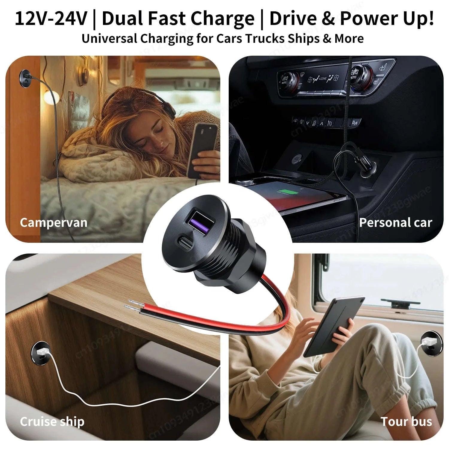12V USB Outlet Recessed Mount Fast Charger 48W-Germany / NEW-PD-QC-Outlet