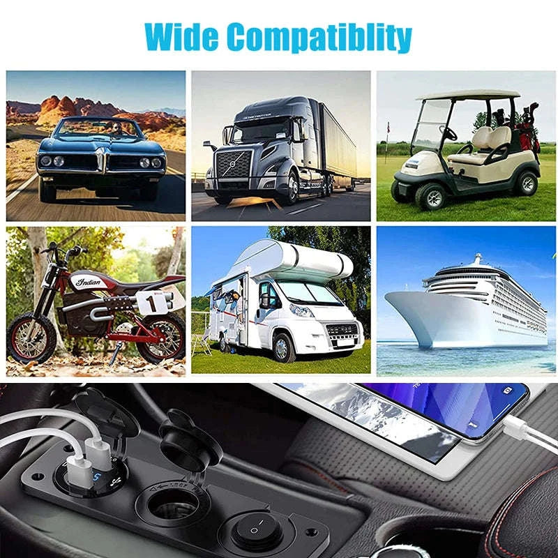 12V Waterproof 3-in-1 Car Power Socket Panel with Dual QC 3.0 USB and Voltmeter-Blue 3 in 1 set