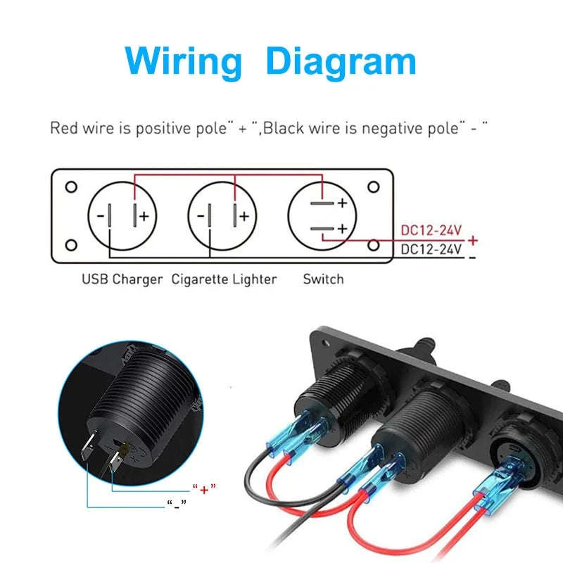 12V Waterproof 3-in-1 Car Power Socket Panel with Dual QC 3.0 USB and Voltmeter-Blue 3 in 1 set