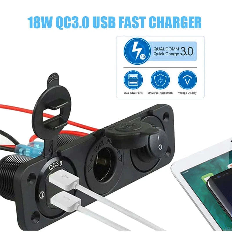 12V Waterproof 3-in-1 Car Power Socket Panel with Dual QC 3.0 USB and Voltmeter-Blue 3 in 1 set