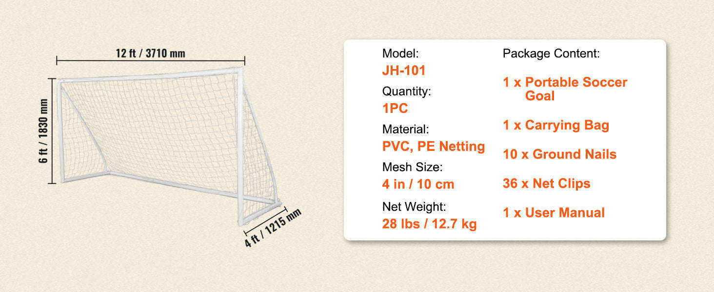 12x6FT Portable Soccer Goal with Carry Bag-PVC 12x6FT / United States