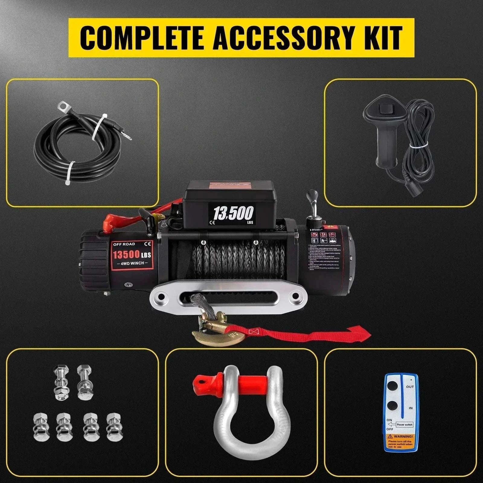 13,500 lb Electric Winch 12V with Synthetic Rope & Remote Control-13500LBS / United States