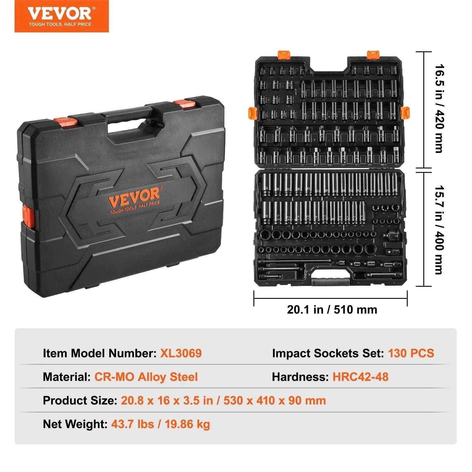 130-Piece Impact Socket Set SAE & Metric with Storage Case-130pcs / CZECH REPUBLIC