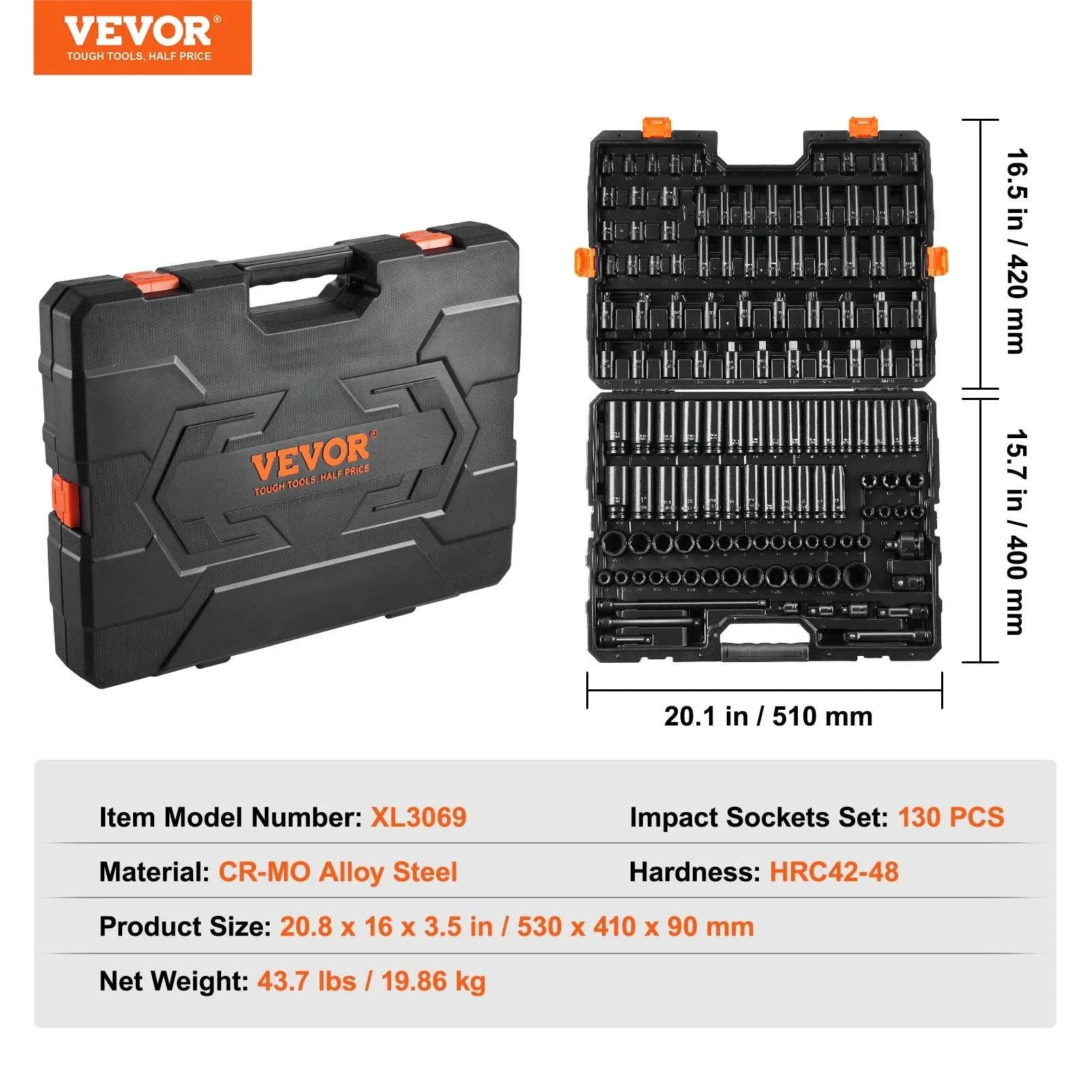 130-Piece Impact Socket Set SAE & Metric with Storage Case-130pcs / CZECH REPUBLIC