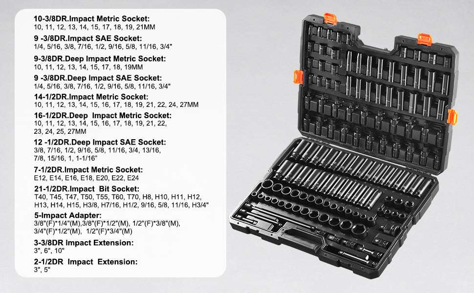 130-Piece Impact Socket Set SAE & Metric with Storage Case-130pcs / United States