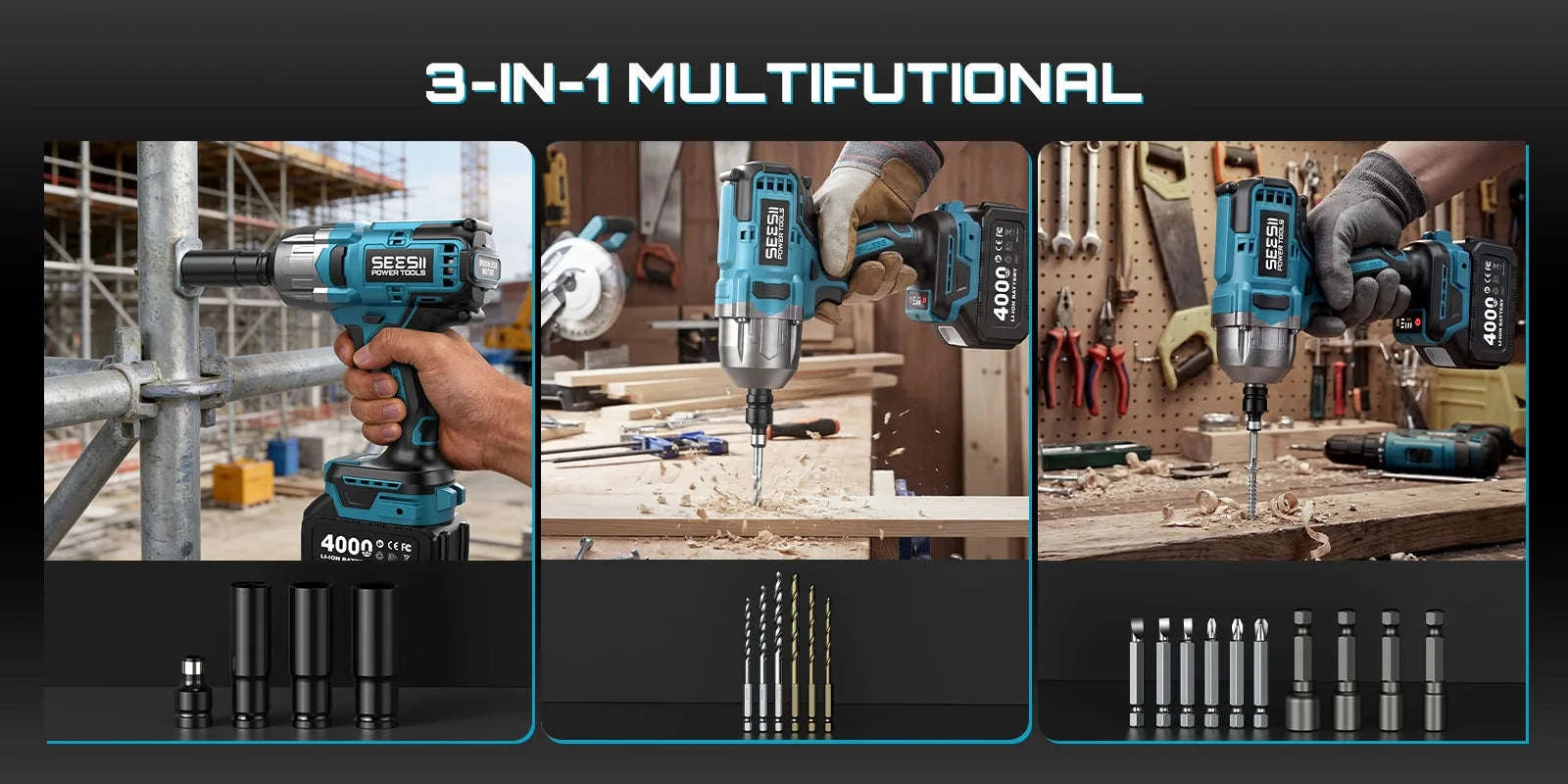 1300N.m 3-in-1 Cordless Impact Wrench Drill Screwdriver Kit-United States