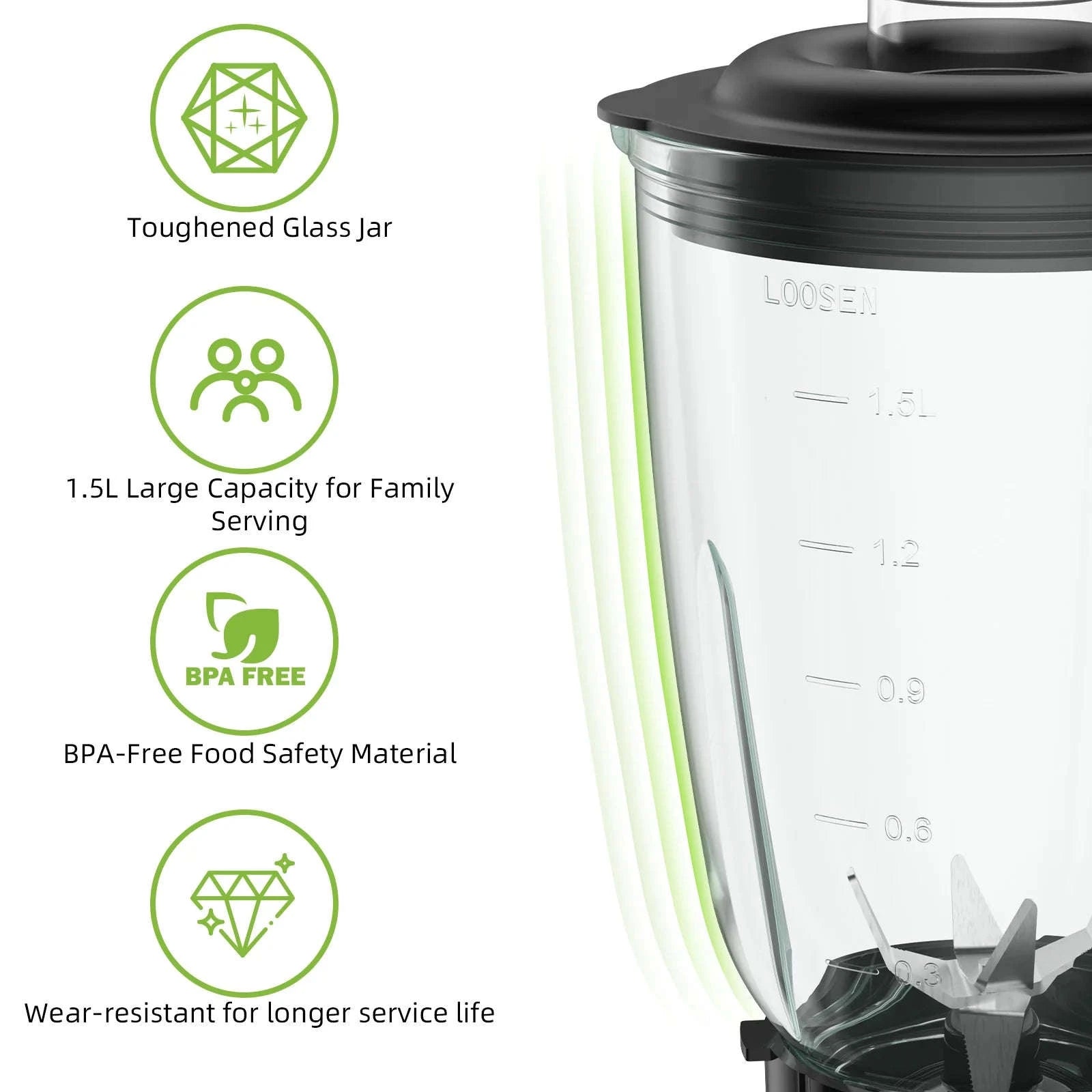 1300W Smoothie Maker with 1.5L Glass Jar and 600ml Travel Cup-Light Grey / US Plug / United States