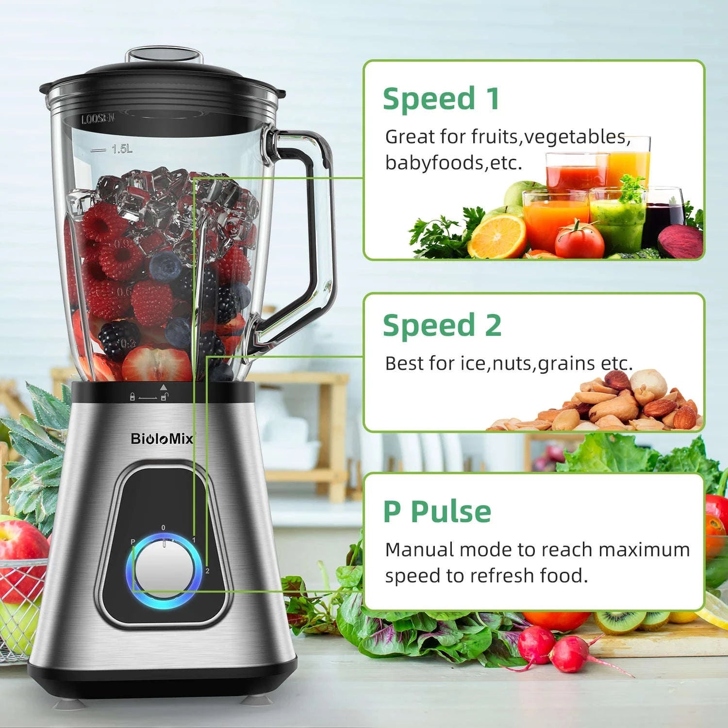 1300W Smoothie Maker with 1.5L Glass Jar and 600ml Travel Cup-Light Grey / US Plug / United States