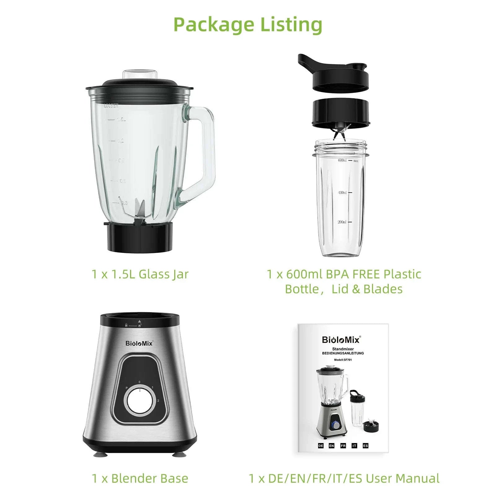 1300W Smoothie Maker with 1.5L Glass Jar and 600ml Travel Cup-Light Grey / US Plug / United States