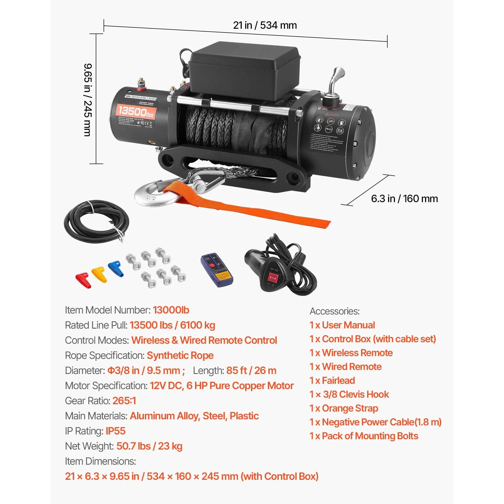 13500 lbs 12V Electric Winch with Synthetic Rope and Dual Remote Control-13500 lbs / france