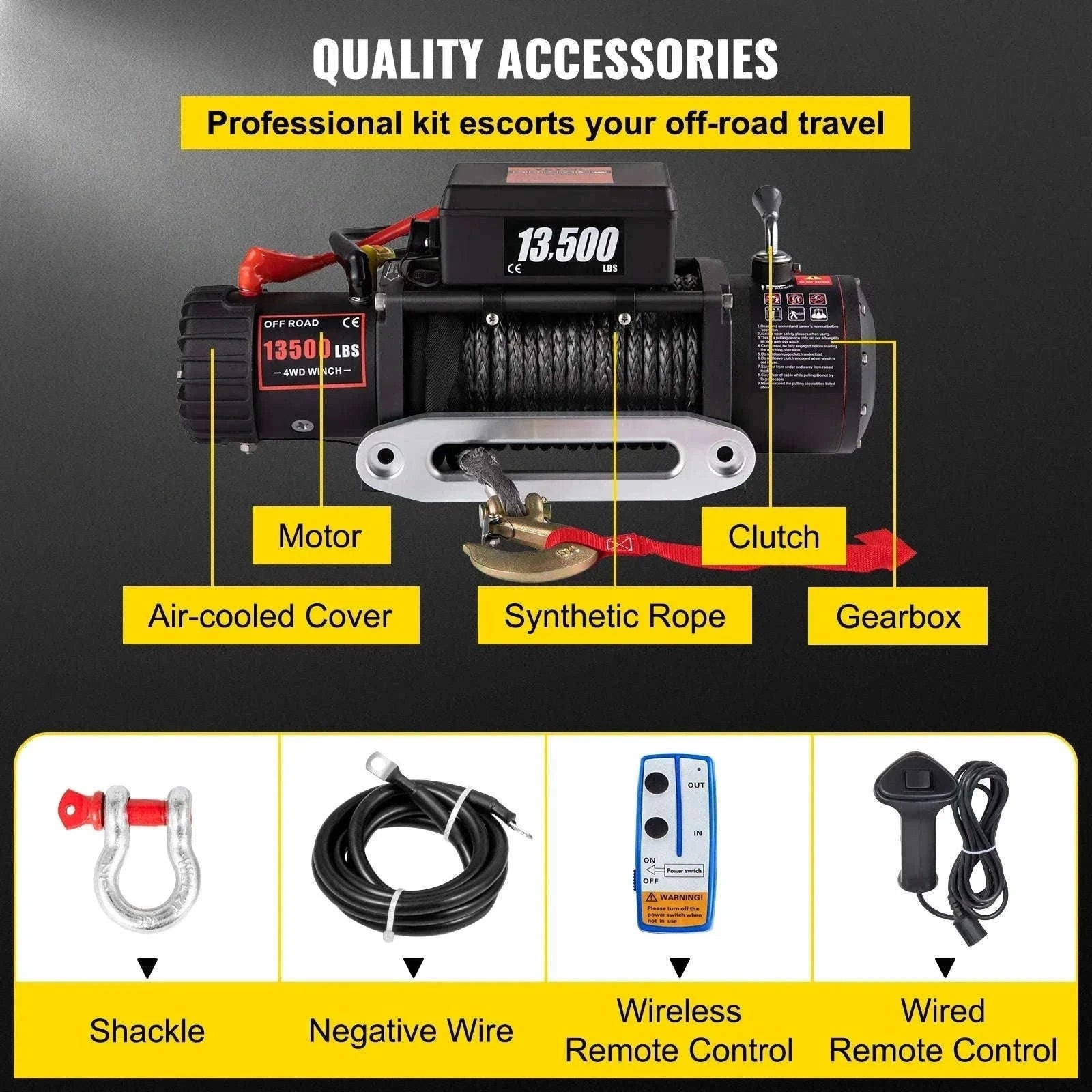 13500 lbs Electric Truck Winch 12V Synthetic Rope with Remote Control-13500LBS / 27M / Poland