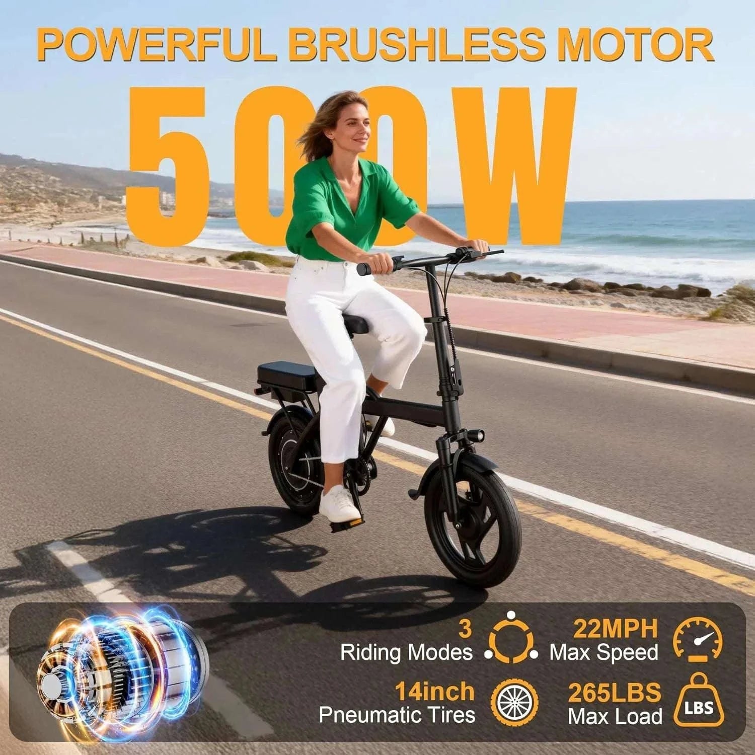 14'' Foldable Electric Bike 500W 48V 22MPH Dual Seat Mini E-Bike-5.2Ah 30miles / United States