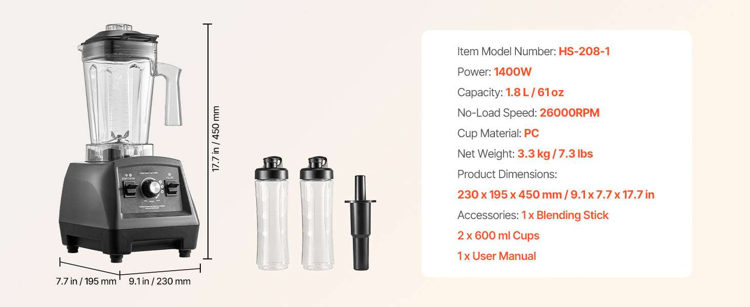1400W High-Speed Blender 61oz with To-Go Cups & Multi-Function Use-1.8L 1400 W / United States