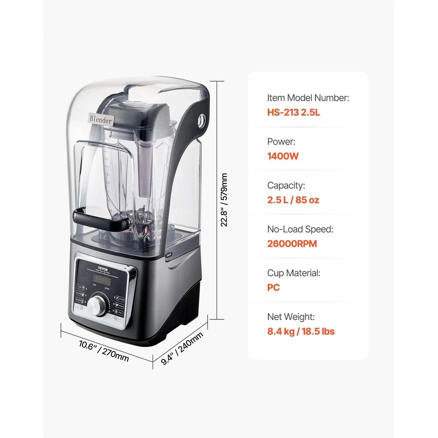 1400W High-Speed Blender with Noise Cover 2.5L/3.5L Capacity-