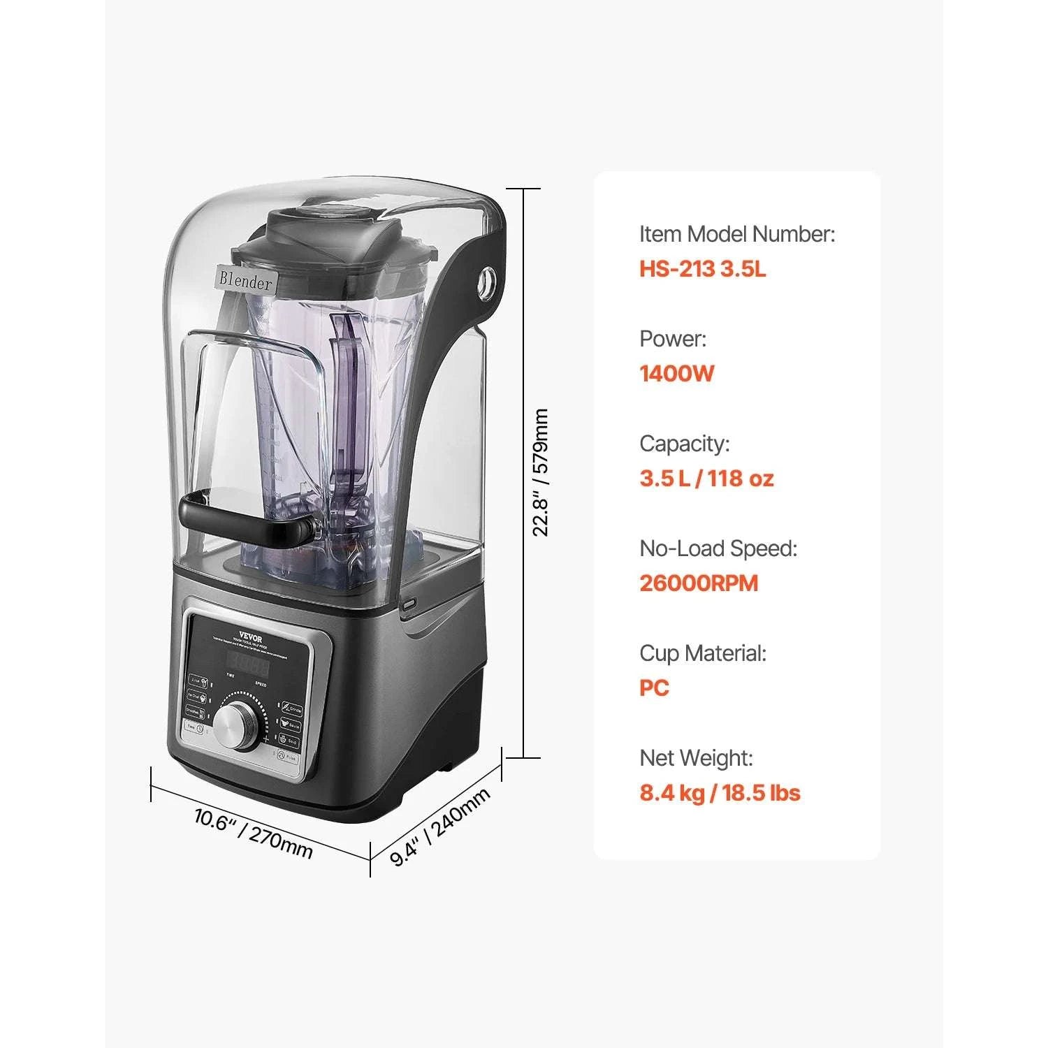 1400W High-Speed Blender with Noise Cover 2.5L/3.5L Capacity-