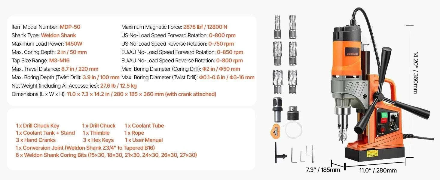 1450W Magnetic Drill Press with 12500N Base and Variable Speed-1450W 2PCs / United States