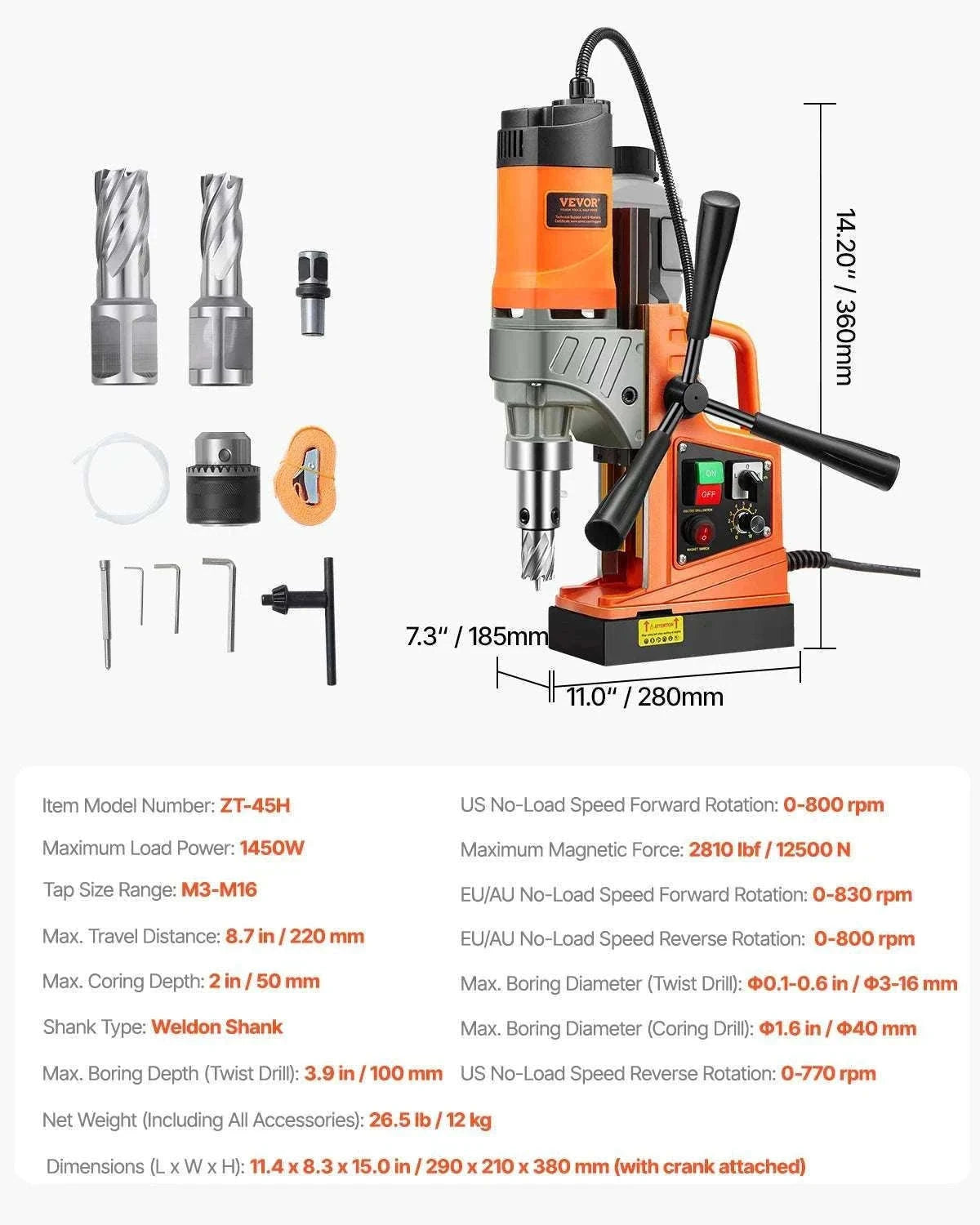 1450W Magnetic Drill Press with 12500N Base and Variable Speed-1450W 2PCs / United States