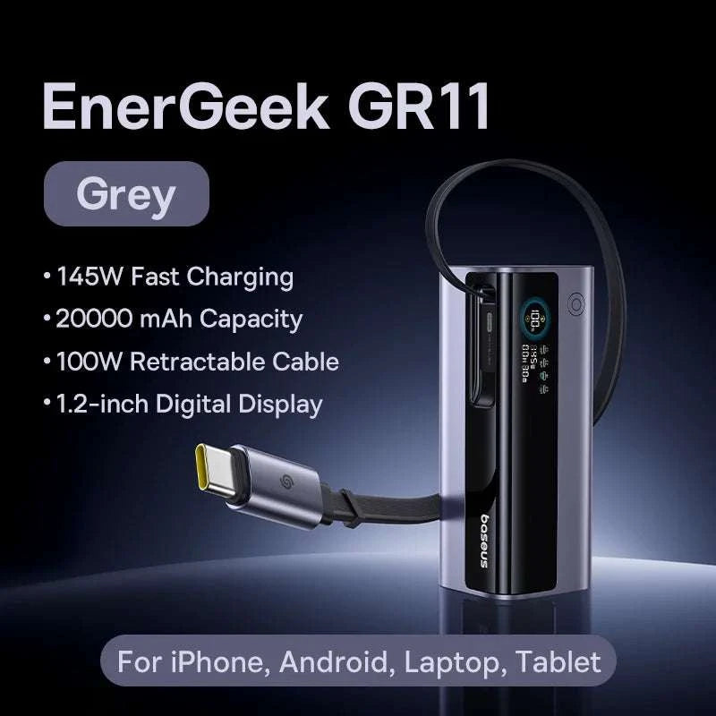 145W Fast Charging Power Bank 20000mAh with Retractable USB-C Cable-Grey / 20000mAh / United States