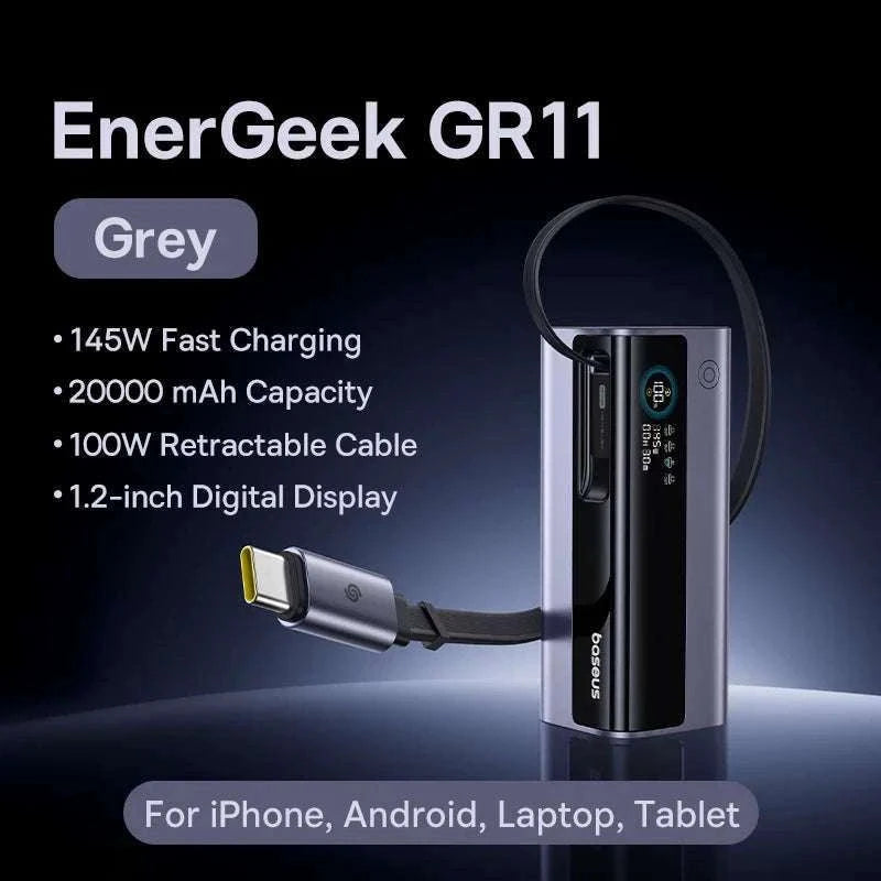 145W Fast Charging Power Bank 20000mAh with Retractable USB-C Cable-Grey / 20000mAh / United States