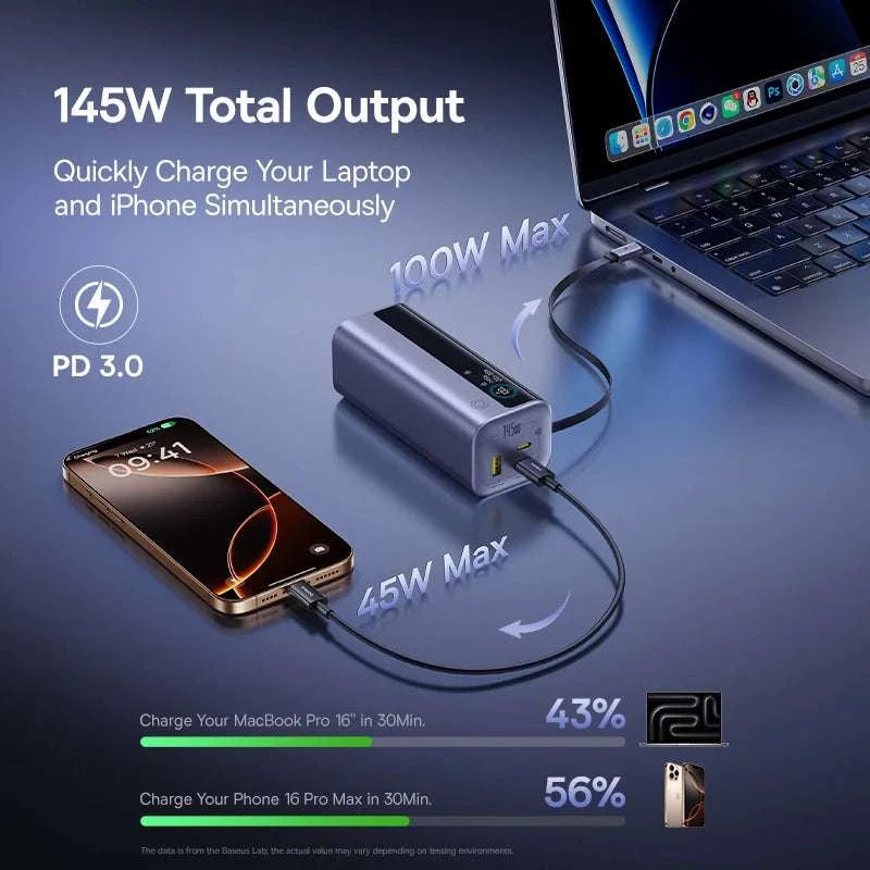 145W Fast Charging Power Bank 20000mAh with Retractable USB-C Cable-Grey / 20000mAh / United States