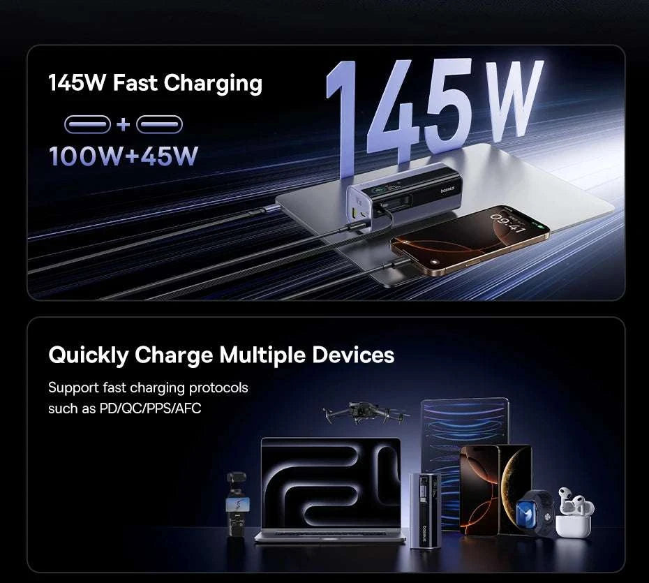 145W Fast Charging Power Bank 20000mAh with Retractable USB-C Cable-Grey / 20000mAh / United States