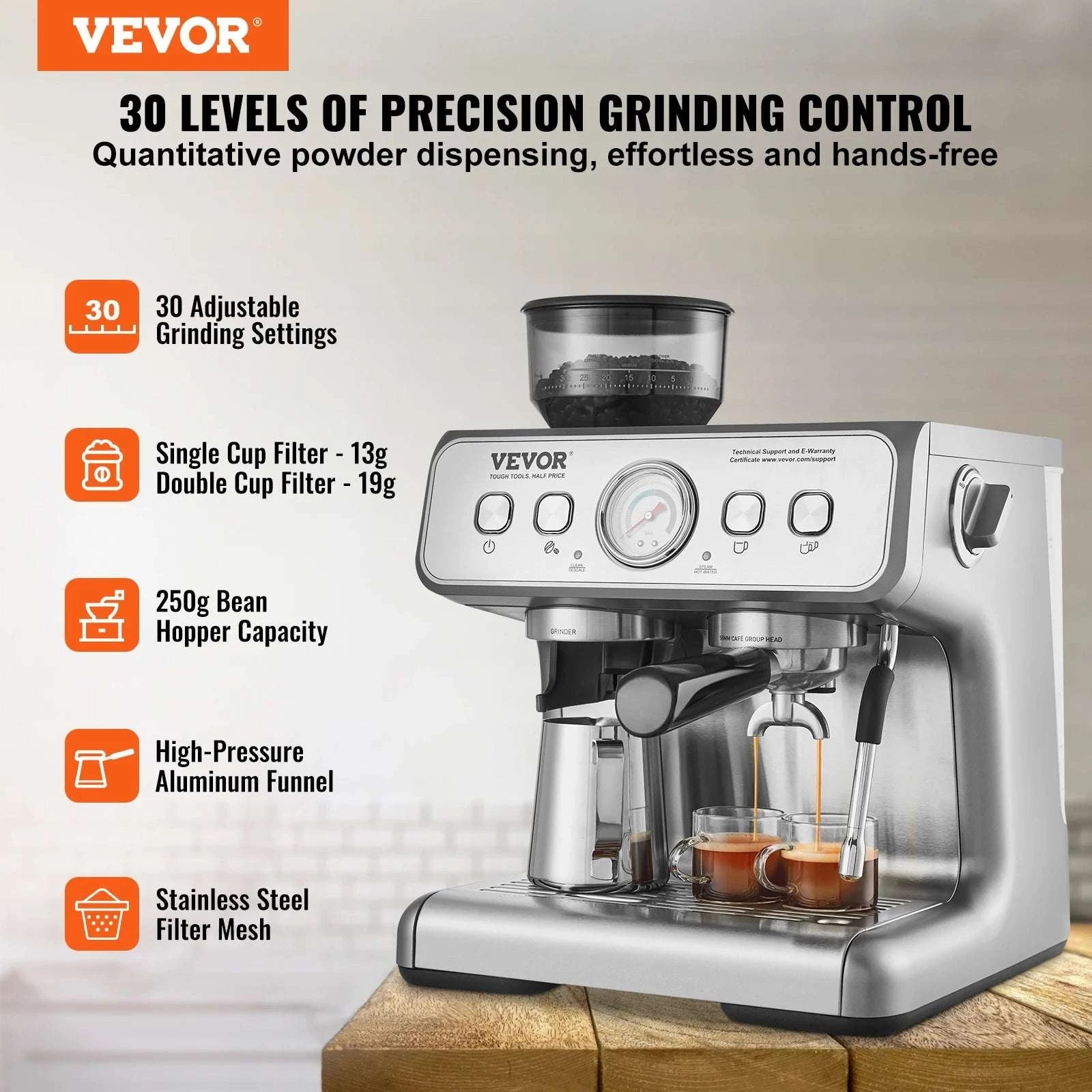 15 Bar Espresso Machine with Built-In Grinder & Milk Frother-United States
