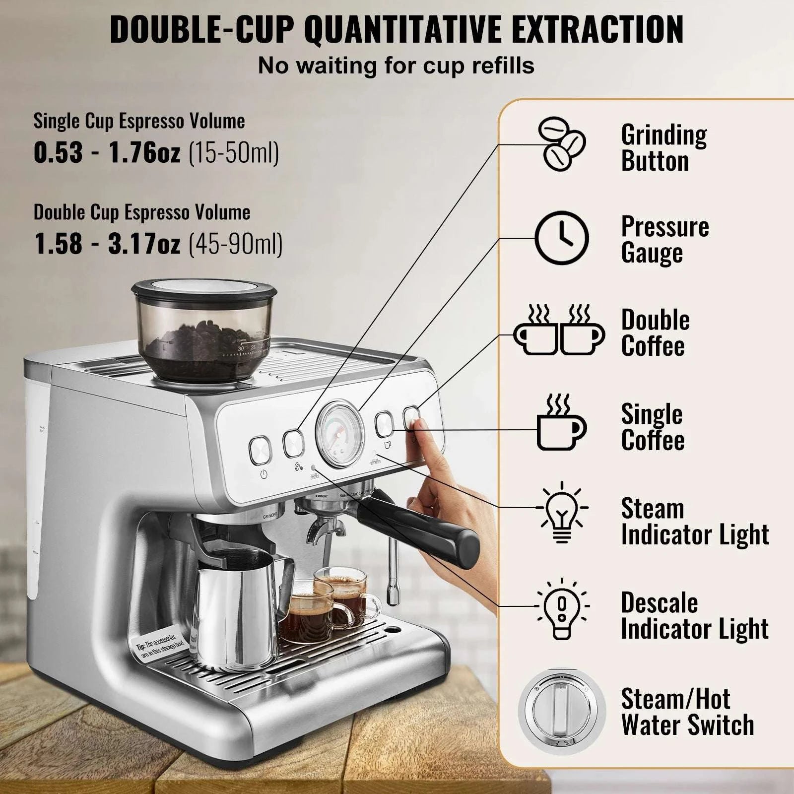 15 Bar Espresso Machine with Grinder & Steam Wand-15 bar / United States
