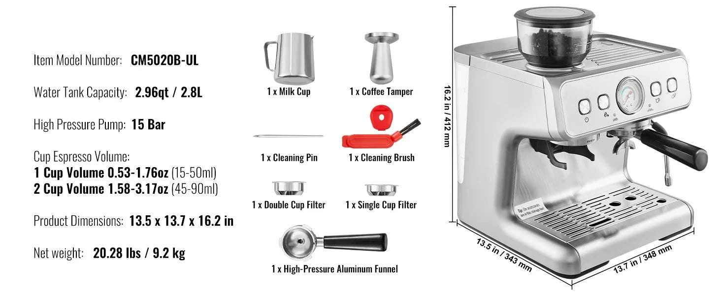 15 Bar Espresso Machine with Grinder & Steam Wand-15 bar / United States