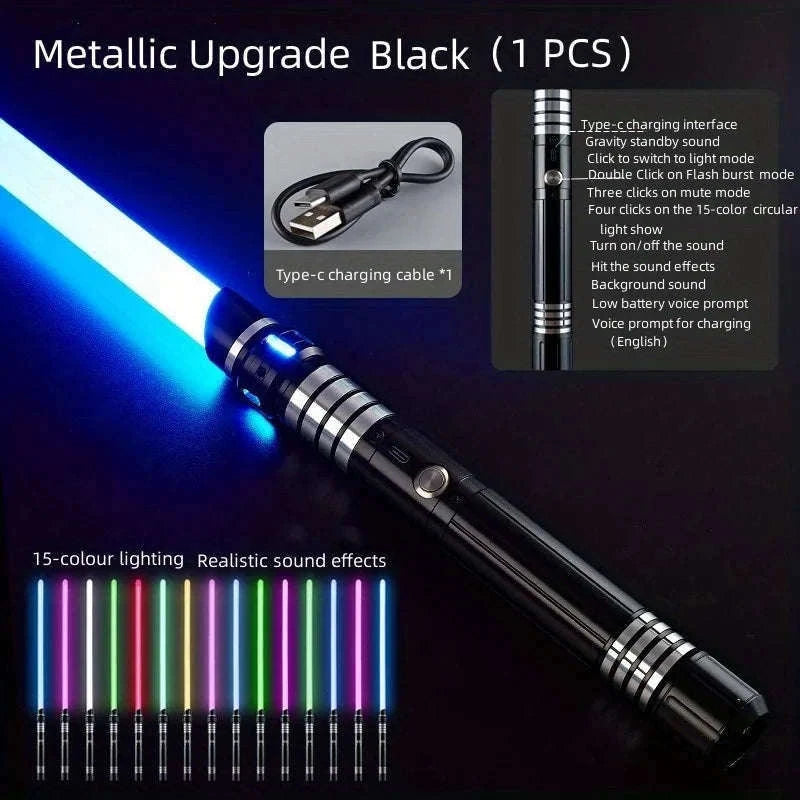 15-Color Light Up Saber Toy with Gravity Sensing Metal Handle-Black-2 Pack / United States