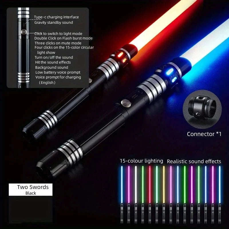 15-Color Light Up Saber Toy with Gravity Sensing Metal Handle-Black-2 Pack / United States