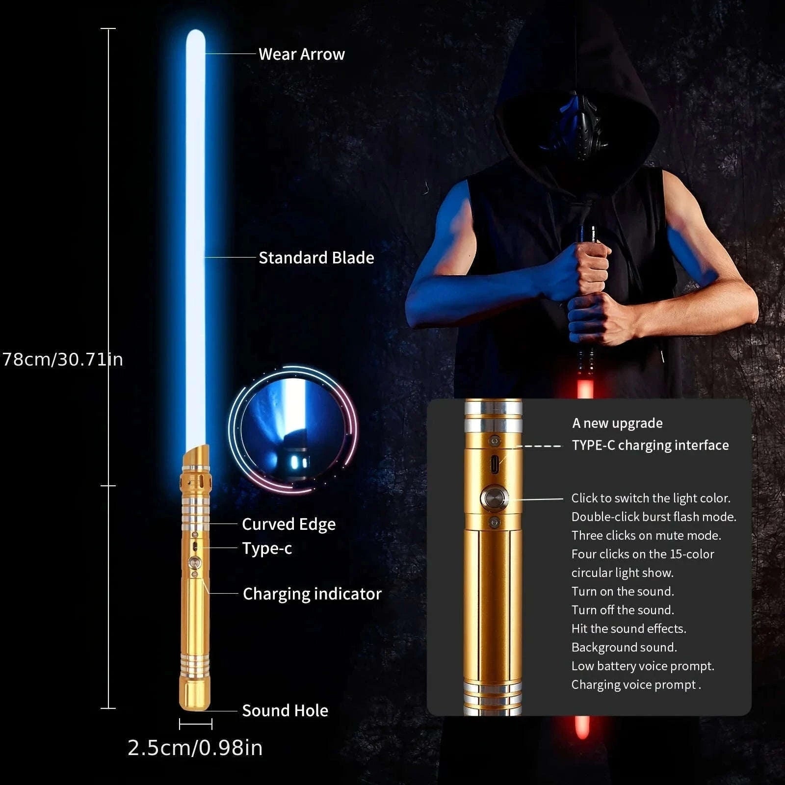 15-Color Light Up Saber Toy with Gravity Sensing Metal Handle-Black-2 Pack / United States
