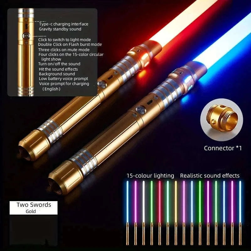 15-Color Light Up Saber Toy with Gravity Sensing Metal Handle-Black-2 Pack / United States
