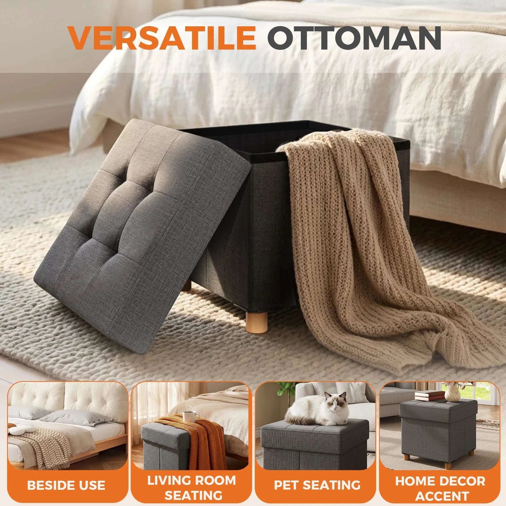 15" Cube Storage Ottoman Bench with Hidden Storage & Seating-DARK GRAY / United States
