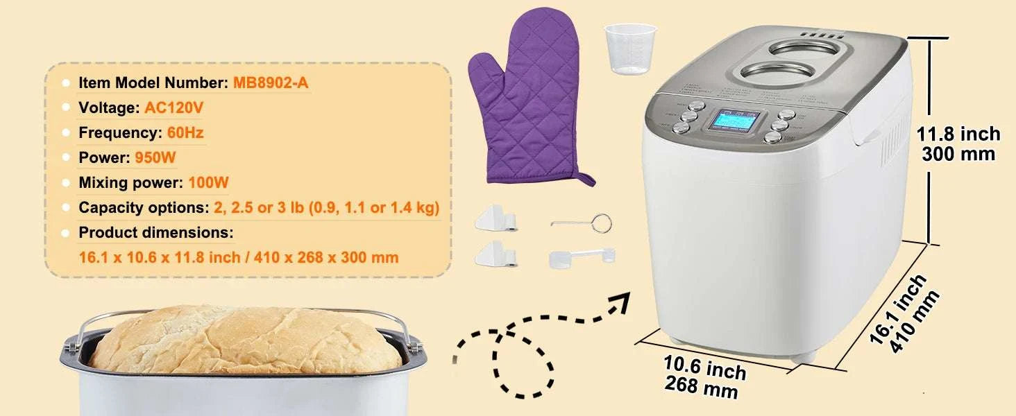 15-in-1 Automatic Bread Maker with Gluten-Free Setting & Timer-3lb950W / United States
