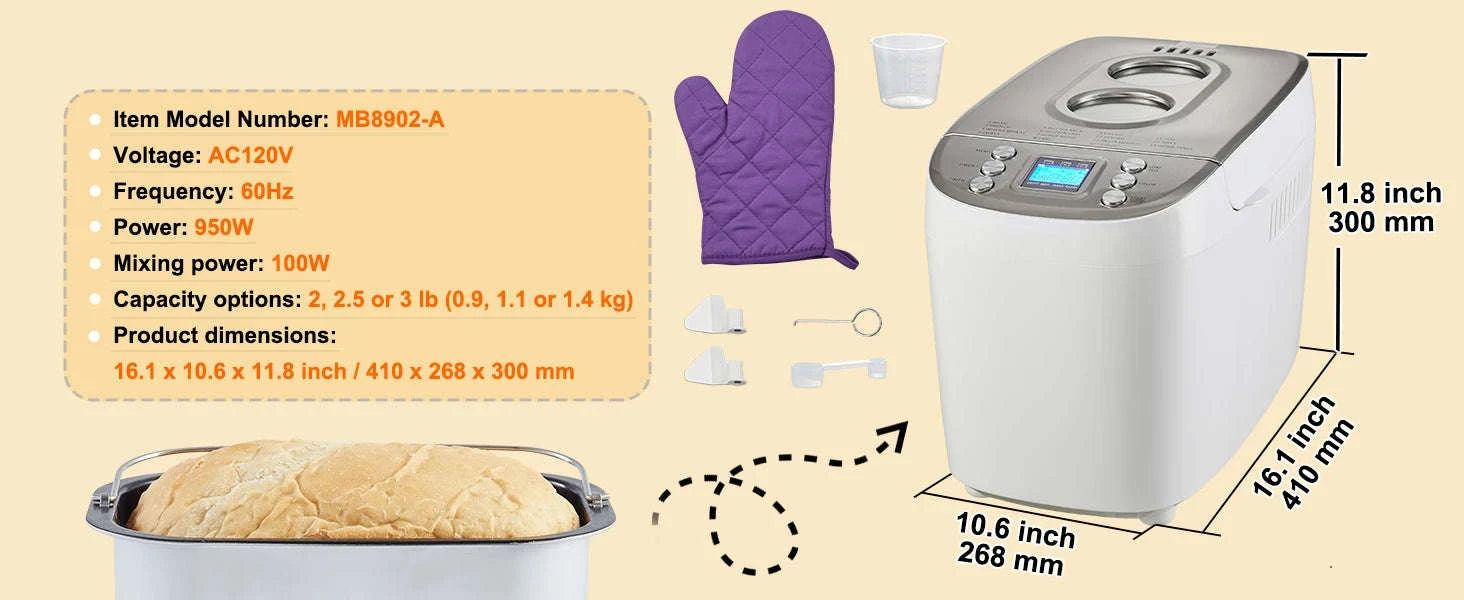 15-in-1 Bread Maker with Nonstick Ceramic Pan and Gluten-Free Setting-3lbs 950W / United States