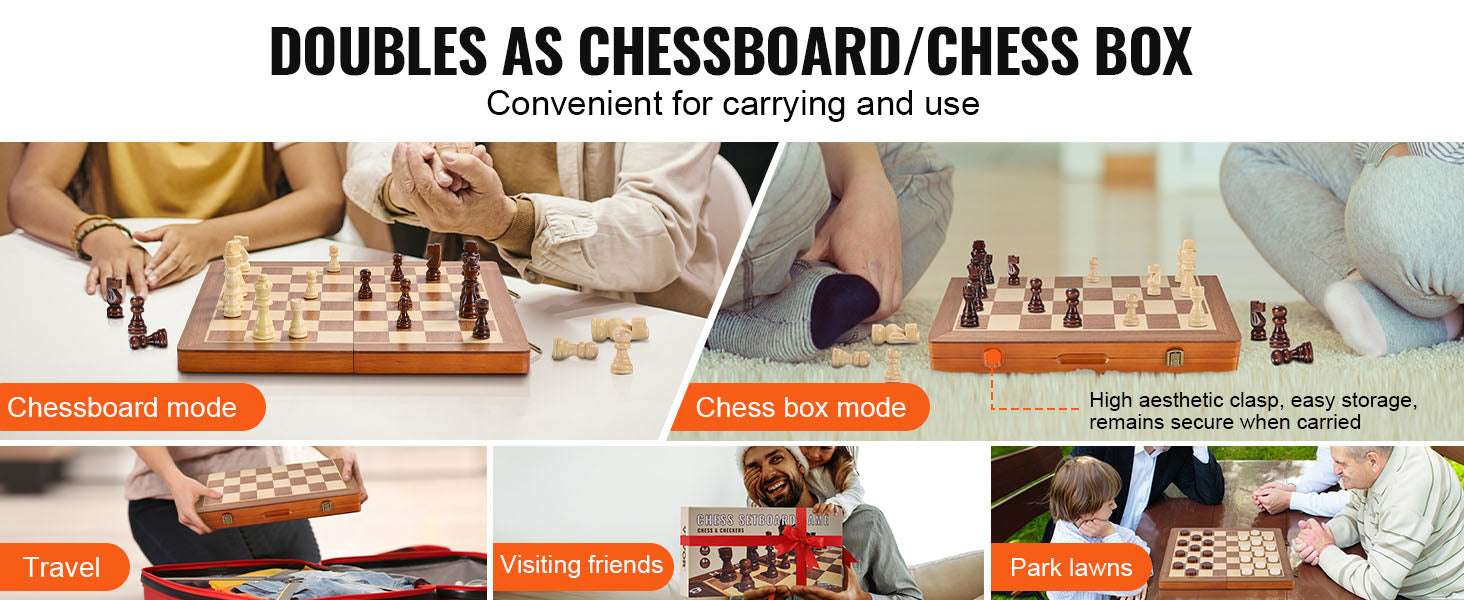 15-Inch Magnetic Wooden Chess & Checkers Set Folding Board-United States