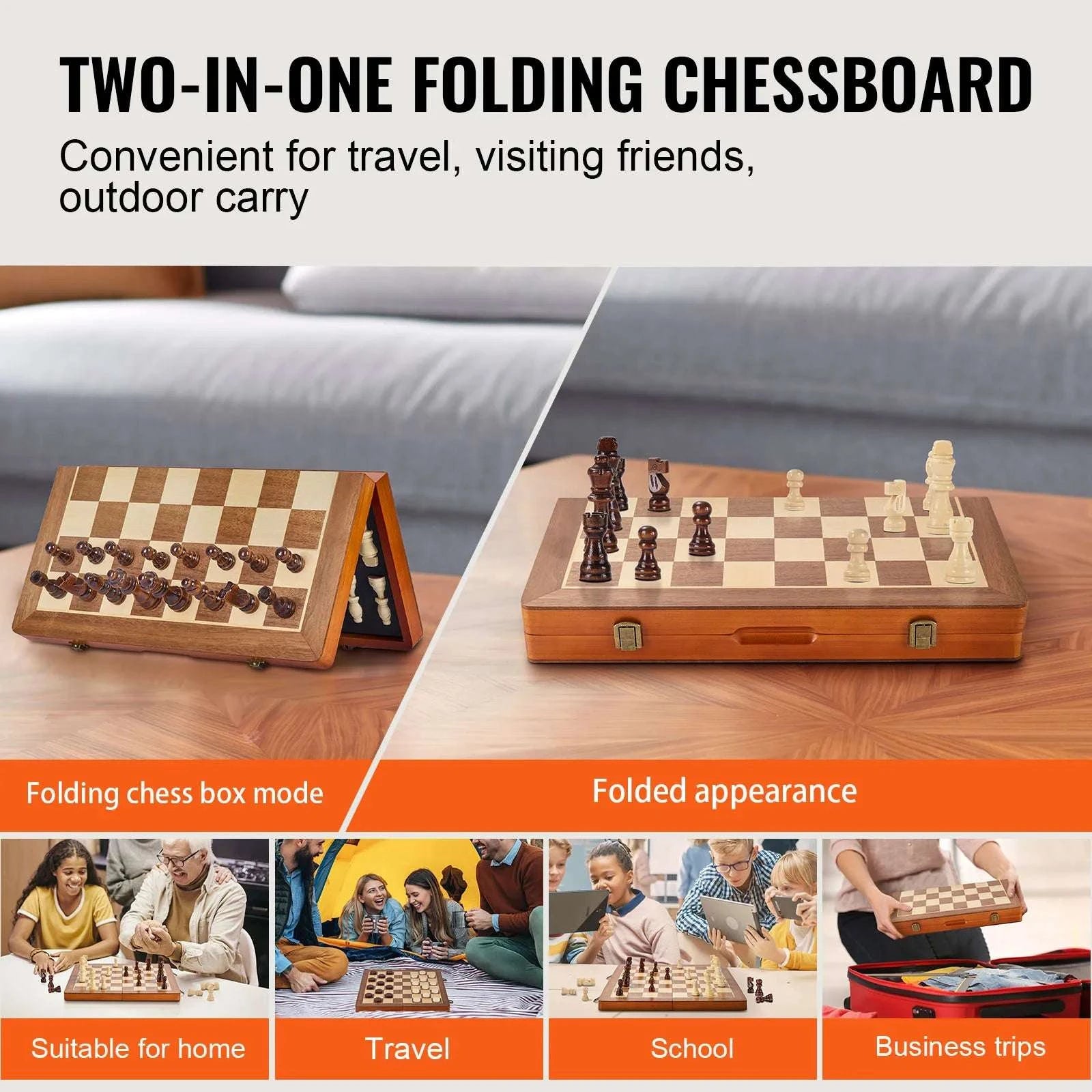 15-Inch Magnetic Wooden Chess & Checkers Set Folding Board-United States