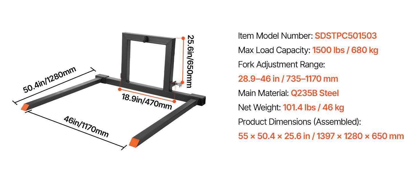 1500 lb 3-Point Hitch Pallet Forks 50in for CAT 1 Tractors-50in 1500lbs / United States