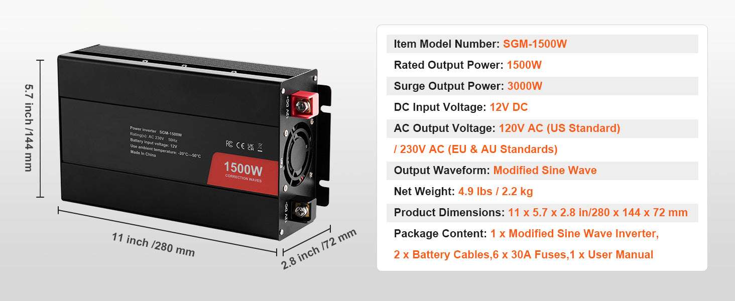 1500W–5000W Modified Sine Wave Power Inverter for Home & Travel-3000W LED Screen / United States