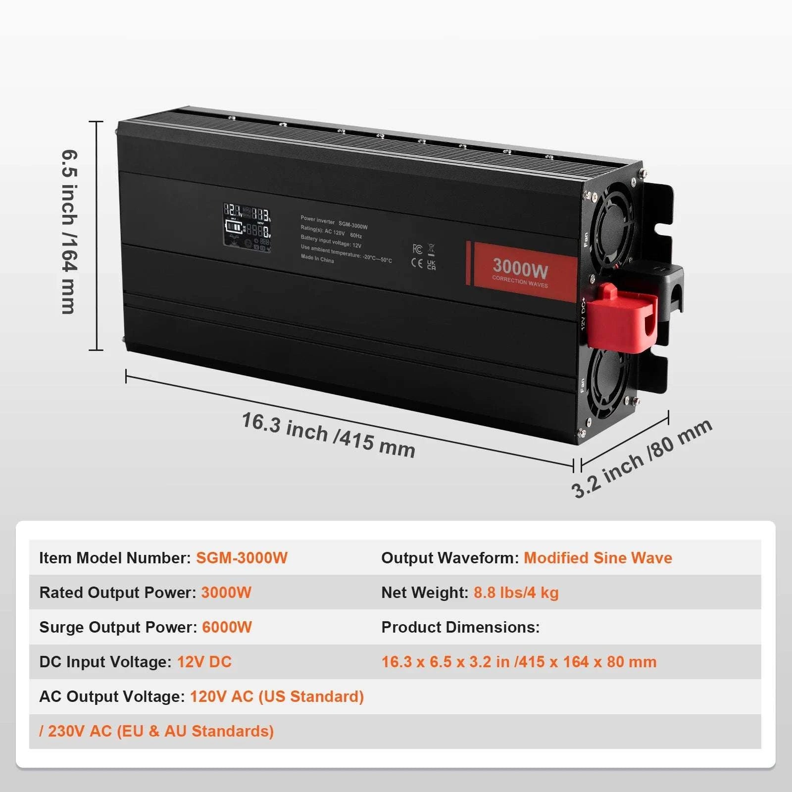 1500W–5000W Modified Sine Wave Power Inverter for Home & Travel-3000W LED Screen / United States
