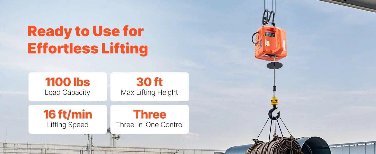 1500W Electric Hoist Winch 1100 lbs Capacity 30 ft Lift Remote-1100lbs / CZECH REPUBLIC